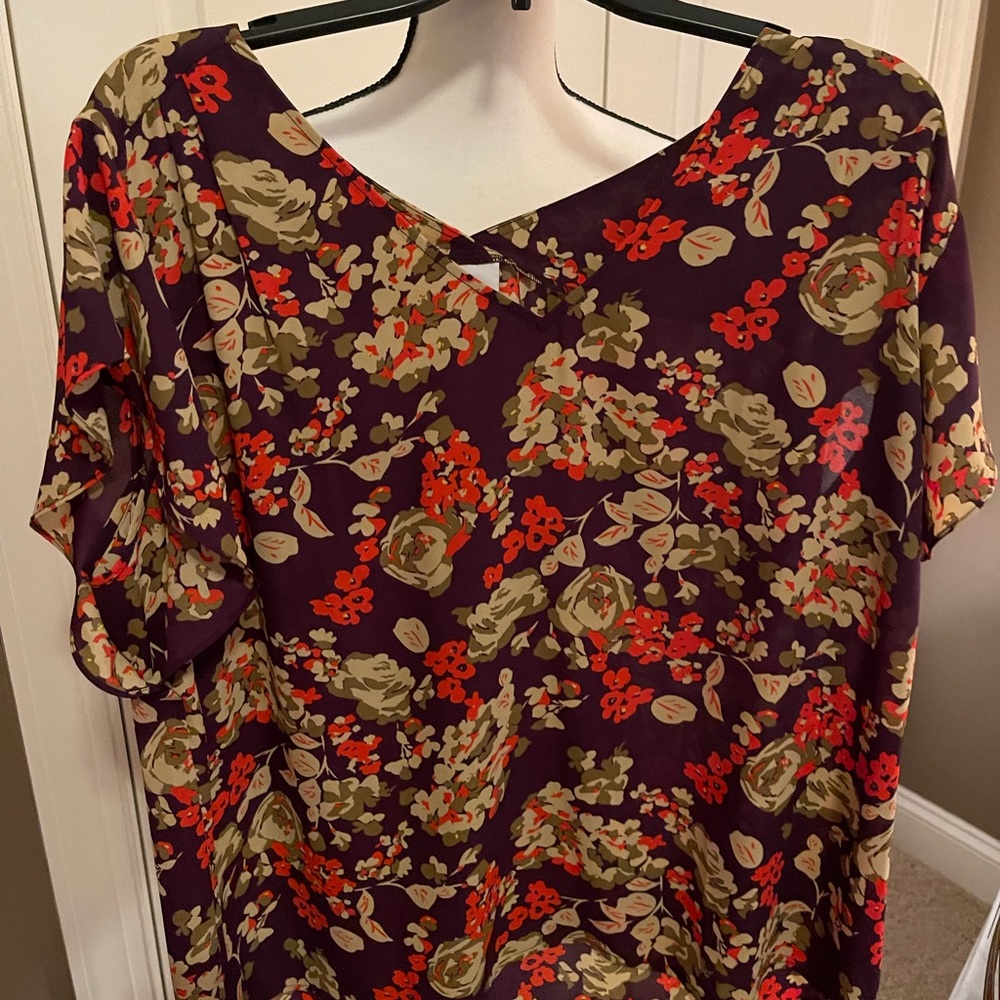 CAbi Purple Floral Blouse with Red and Olive Accent